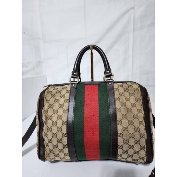 Authentic Gucci GG Canvas Leather Medium Vintage Web Boston Satchel Bag Brown/Be - Picture 4 of 16
